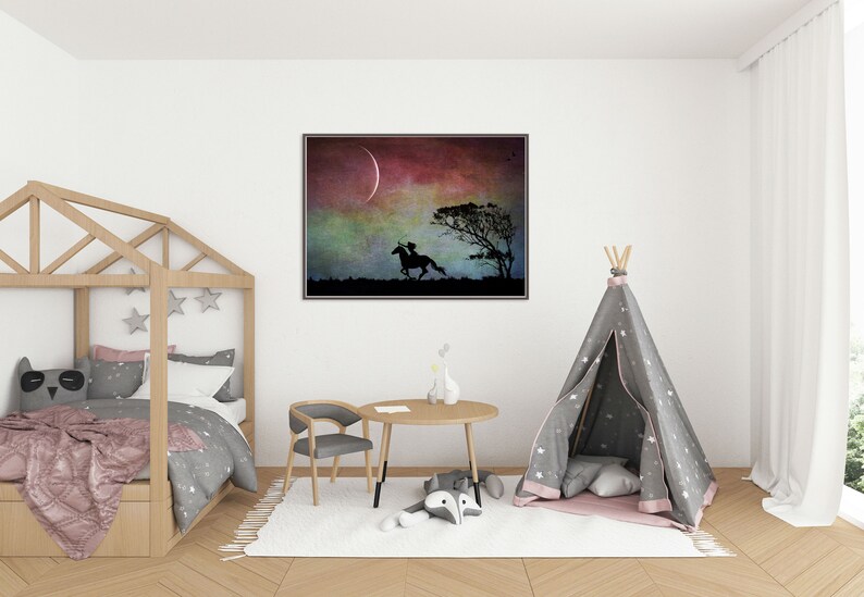 Aiming High new moon art photo PRINT, surreal landscape tree arrow horse, home decor, girls kids room dark Sagittarius night sky astrology image 3