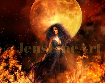 Flames of Majesty PRINT Leo Goddess Full Moon photo surreal leo zodiac art, fire sign witch astrology courage woman girl