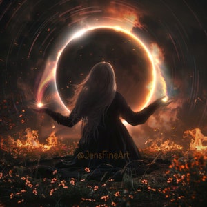 May include: A woman with long white hair stands in a field of fire, holding out her hands towards a glowing ring in the sky. The ring is surrounded by swirling clouds and sparks.