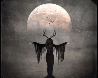 Creatrix PRINT - Full moon photo crescent mars planet aries birds horns antlers hecate astrology pagan landscape witch dark goth gothic