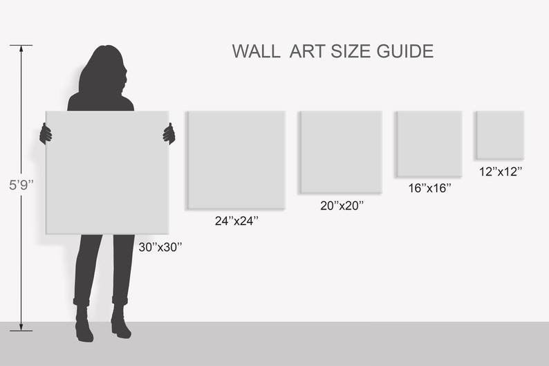Puede incluir: Una gu&iacute;a de tallas para arte de pared, que muestra a una persona sosteniendo un lienzo de 30" x 30", con tama&ntilde;os m&aacute;s peque&ntilde;os de 24" x 24", 20" x 20", 16" x 16" y 12" x 12" que se muestran debajo.
