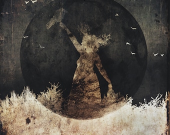 May include: A silhouette of a woman with long hair and a flowing dress stands in front of a full moon. The moon is surrounded by a dark, textured background with white birds flying around it.