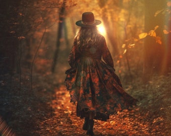 Autumn's Here PRINT - Equinox photo woman autumn forest fall Libra zodiac surreal leaves woods astrology art witch mabon pagan fairytale