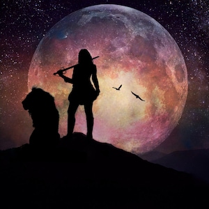 May include: Silhouette of a person holding a sword, standing with a lion in front of a large, colourful moon in a starry night sky.