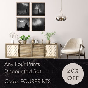 Puede incluir: Cuatro impresiones en blanco y negro de escenas de bosque iluminadas por la luna con una silueta de una figura en cada una. Las impresiones se muestran en una pared sobre un gabinete de madera y una silla blanca. El texto "Any Four Prints Discounted Set Code: FOURPRINTS 20% OFF" se muestra debajo de la imagen.