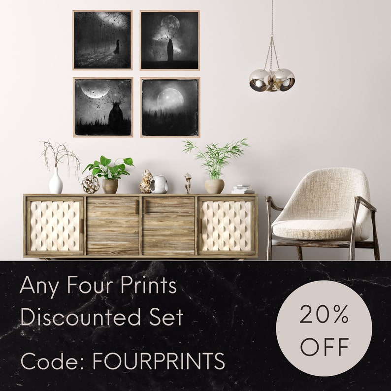 Puede incluir: Cuatro impresiones en blanco y negro de escenas de bosque iluminadas por la luna con una silueta de una figura en cada una. Las impresiones se muestran en una pared sobre un gabinete de madera y una silla blanca. El texto "Any Four Prints Discounted Set Code: FOURPRINTS 20% OFF" se muestra debajo de la imagen.