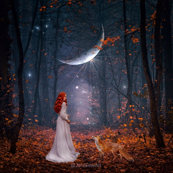Enchanted Equinox PRINT - Crescent Moon Photo Woman Forest Fall