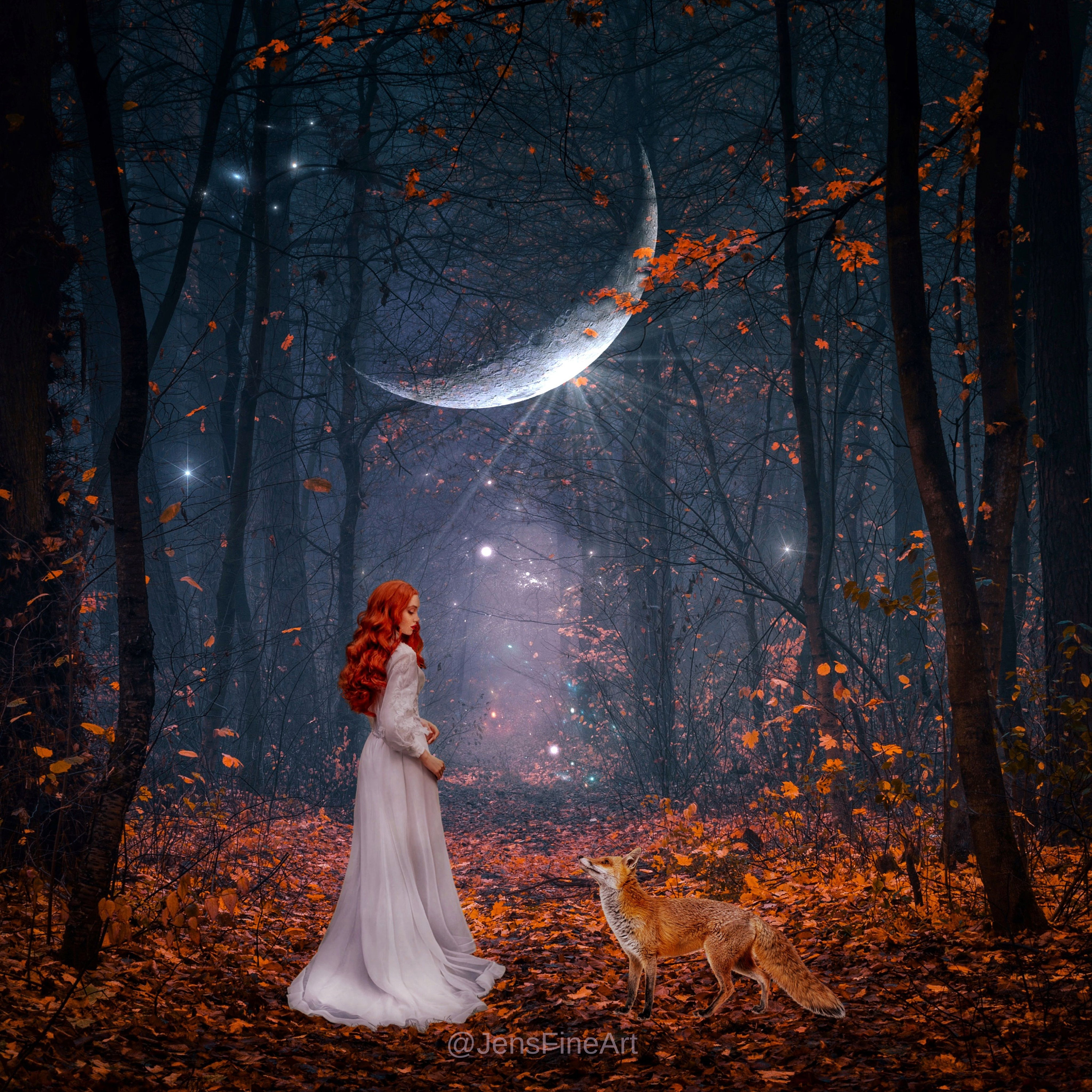 自家製絵の具 Equinox Night Autumn Enchanted Equinox PRINT - Crescent Moon Photo Woman Forest Fall