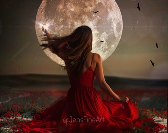 Virgo Woman PRINT - full moon photo virgo, surreal landscape fine art fantasy girl astrology earth sign witch moon magic