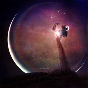 Become the Light PRINT - New Moon in Capricorn photo surreal landscape home newmoon sky birds astrology moody universe horned woman witch