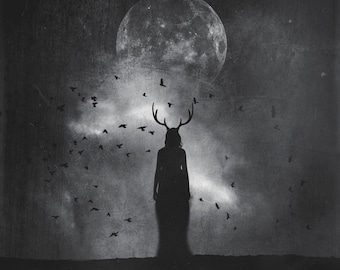 Goddess of the Moon PRINT - Hecate witch full moon photo, surreal gothic halloween astrology altar art, horned woman haunting antlers