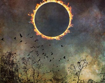 Totality PRINT - solar eclipse dramatic sky photo, Aries art decor birds nature landscape surreal astrology home wall art spiritual sun moon