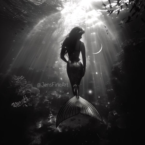 Whispers of the Deep PRINT - Pisces New Moon photo zodiac water sign, ocean dark wall art woman astrology mermaid dreamy siren underwater