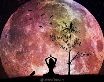 Lunar Connection - full moon photo PRINT, woman yoga meditation astrology, worm moon spiritual virgo zodiac earth landscape pink prayer yogi