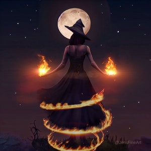 Aries Witch PRINT - Full moon photo dark goddess surreal decor astrology art woman mood haunting witchy flames fire sign passion rebirth