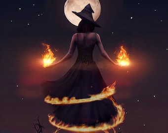 Aries Witch PRINT - Full moon photo dark goddess surreal decor astrology art woman mood haunting witchy flames fire sign passion rebirth