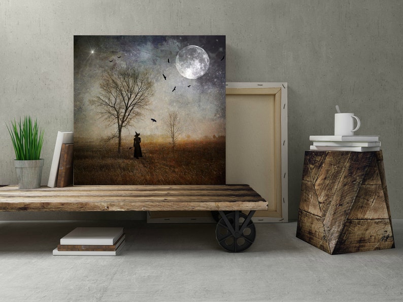 Any square photo Canvas Gallery Wrap, Wall Fine Art, gothic art Canvas Print, canvas, home decor, photograph, halloween witch forest moon image 2