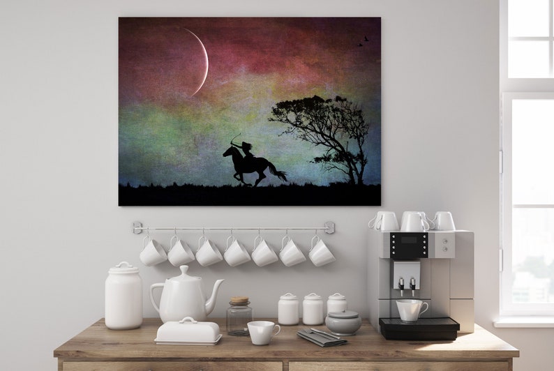 Aiming High new moon art photo PRINT, surreal landscape tree arrow horse, home decor, girls kids room dark Sagittarius night sky astrology image 5
