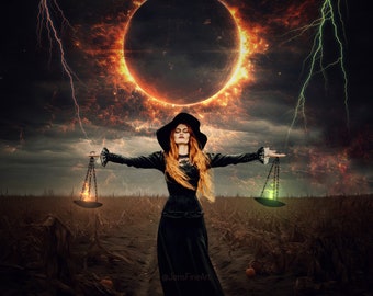 Cosmic Justice PRINT - Solar Eclipse Libra dark moon photo, new moon, surreal gothic astrology woman haunting witch halloween, ring of fire