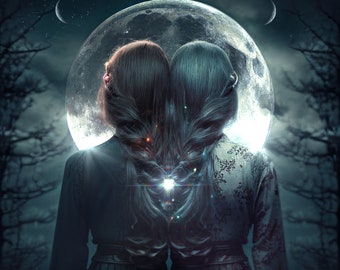 Eternal Duality PRINT - full moon Gemini photo surreal landscape art women twins astrology supermoon lunar witch twin lunar astral zodiac