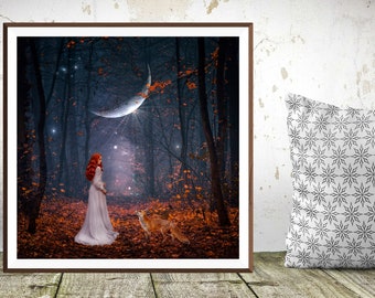 EQUNINOX ダークグリーン ハンカチ Enchanted Equinox PRINT - Crescent Moon Photo Woman Forest