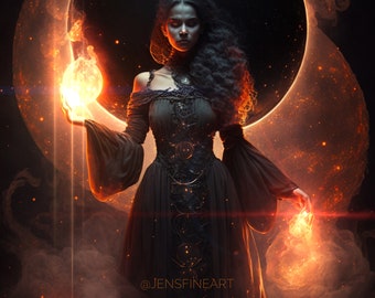 Goddess of Fire PRINT - dark moon photo, surreal gothic astrology woman mood haunting witch solar eclipse divine feminine aries freya pele