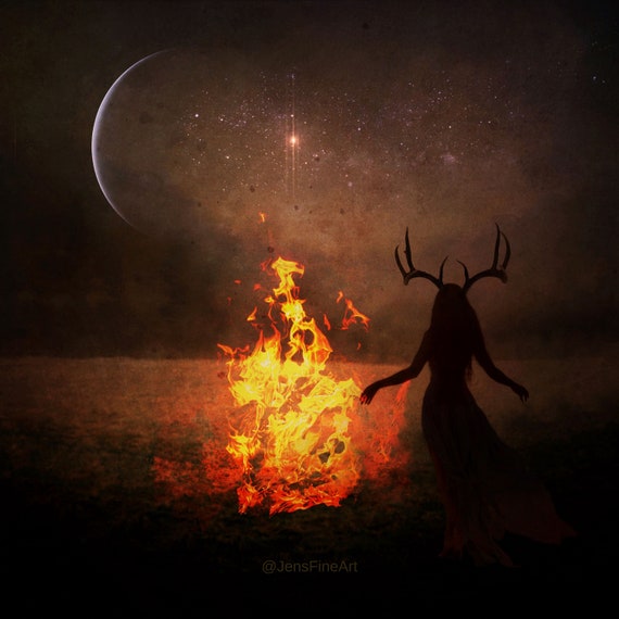 Beltane PRINT - Taurus New moon photo goddess surreal spring decor pagan art woman mood haunting witch horns antlers flames Aries fire dance