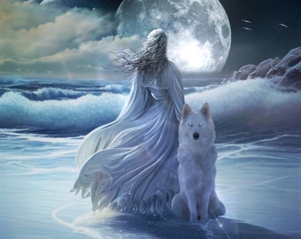Cancer Full Moon PRINT - super moon photo, surreal landscape fine art home night sky girl woman wolf ocean astrology zodiac witch winter