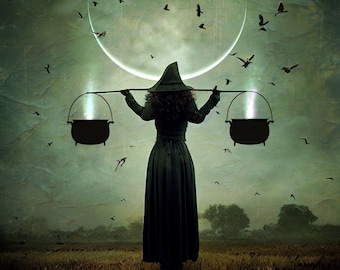 The Equalizing PRINT - Libra witch birds goddess new moon autumn cauldron gothic art woman mood haunting halloween october samhain spells