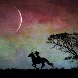 Aiming High new moon art photo PRINT, surreal landscape tree arrow horse, home decor, girls kids room dark Sagittarius night sky astrology image 1