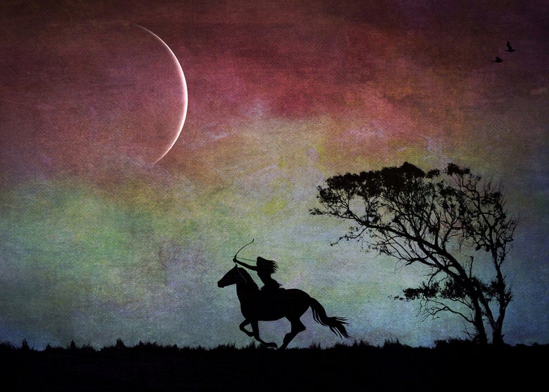 Aiming High new moon art photo PRINT, surreal landscape tree arrow horse, home decor, girls kids room dark Sagittarius night sky astrology image 1