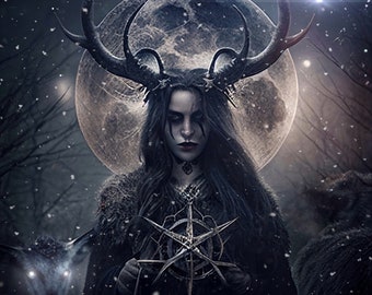 Yule Witch PRINT - Full moon photo dark goddess horns antlers hecate astrology pagan antlers witchy woman gothic winter solstice capricorn