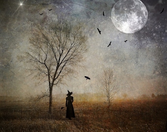 Season of the Witch PRINT - witchy photo goddess autumn full moon gothic art woman mood haunting birds raven crows halloween october samhain