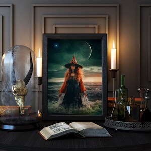 Cancer Witch PRINT new moon photo, Cancer Zodiac Woman mermaid surreal art ocean astrology divine feminine, water sign starry sky power image 3