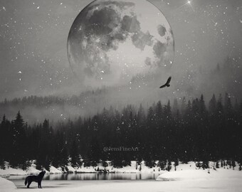 Winter's Call PRINT - full moon photo wolf cancer surreal gothic home decor astrology art forest fog mood goth witchy pagan yule zodiac