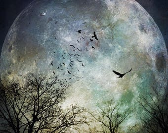 Moon Birds PRINT - full super moon photo, surreal landscape goth home decor night sky blue green astrology crow raven art supermoon dark