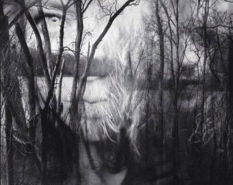 Meeting of Self PRINT - surreal dreamy portrait woman conceptual, girl photo creepy forest face home decor fine art haunting dark wall trees