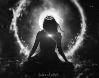 Into the Void PRINT - Solar Eclipse Aries Fire Sign photo, new moon surreal powerful astrology woman haunting witch ring of fire gothic dark