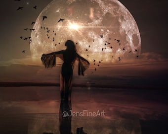 Taking Flight PRINT - Scorpio Full Moon art photo, zodiac birds surreal moon landscape supermoon astrology woman wings witch star