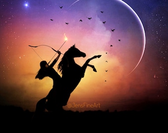 The Sky's the Limit PRINT - New moon Sagittarius Woman art photo surreal home decor, Horse astrology universe arrow warrior Archer Zodiac