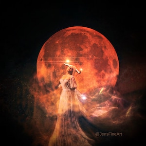 Vientos de cambio IMPRIMIR foto de luna llena, luna de sangre surrealista Tauro eclipse lunar astrología, cuernos de mujer toro zodiaco bruja regalo poder cuerno imagen 1