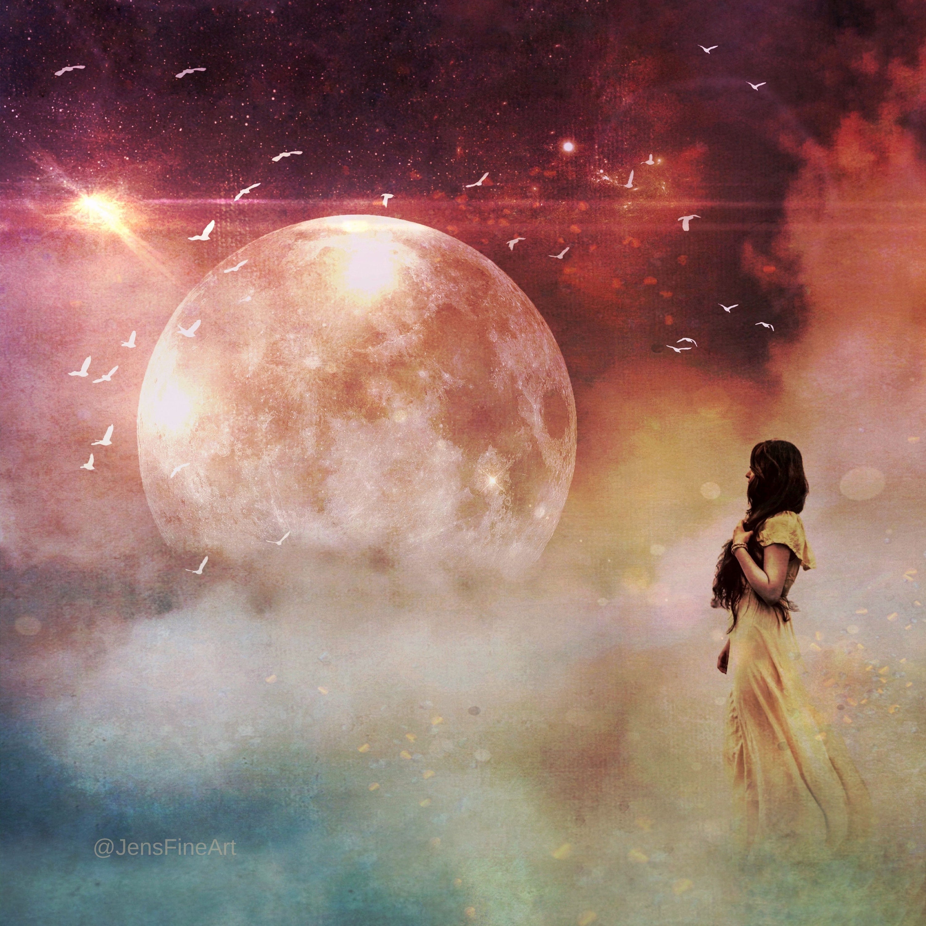 Date with Destiny PRINT - Libra Full moon photo, surreal landscape fine art pink spring girl woman astrology sign supermoon zodiac clouds