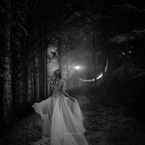 Call of the Moon PRINT - full moon witch photo birds forest surreal goth samhain dark art woman virgo mood haunted fairytale woods princess