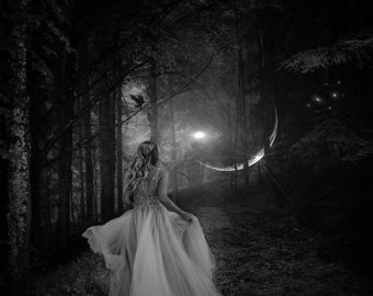 Call of the Moon PRINT - full moon witch photo birds forest surreal goth samhain dark art woman virgo mood haunted fairytale woods princess