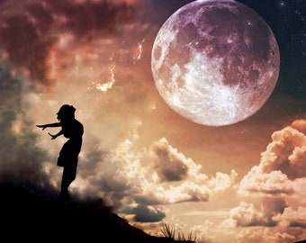 New Heights PRINT - full super moon photo virgo, surreal landscape fine art home decor night sky flying girl astrology intuitive supermoon