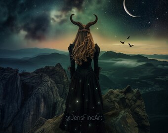 Peaks of Reflection PRINT - New Moon Capricorn woman photo surreal landscape zodiac art sky meditation astrology moody universe witch horned