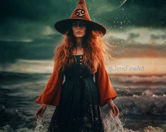 Cancer Witch PRINT - new moon photo, Cancer Zodiac Woman mermaid surreal art ocean astrology divine feminine, water sign starry sky power