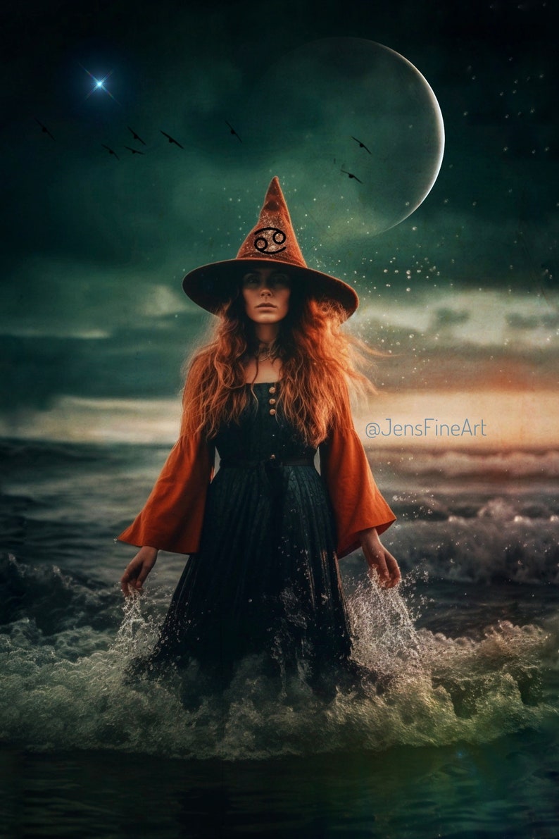 Cancer Witch PRINT new moon photo, Cancer Zodiac Woman mermaid surreal art ocean astrology divine feminine, water sign starry sky power image 1