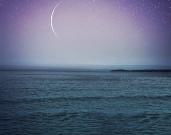 new moon photo pisces surreal landscape water lake ocean newmoon home decor night sky astrology blue cosmic dark moody fine art cancer