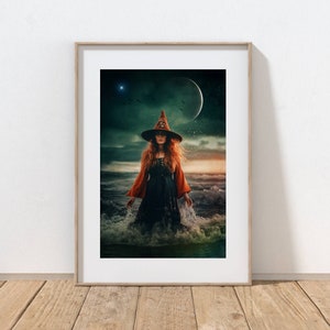 Cancer Witch PRINT new moon photo, Cancer Zodiac Woman mermaid surreal art ocean astrology divine feminine, water sign starry sky power image 5